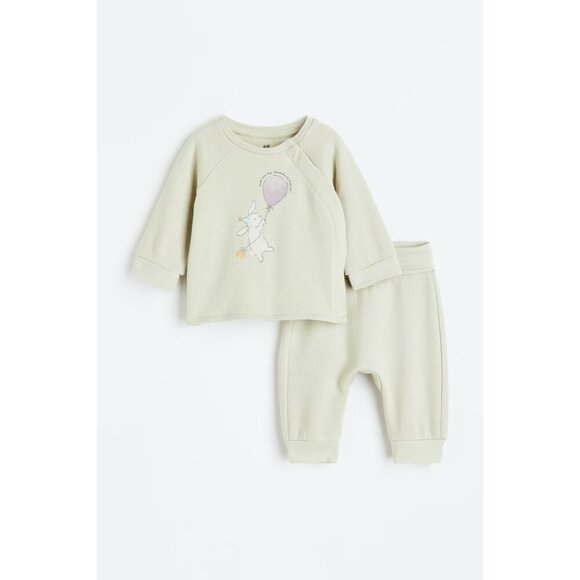 H&M Light Green Rabbit Newborn NB 2-Piece Cotton Outfit Set Baby Cozy Unisex - Picture 1 of 5